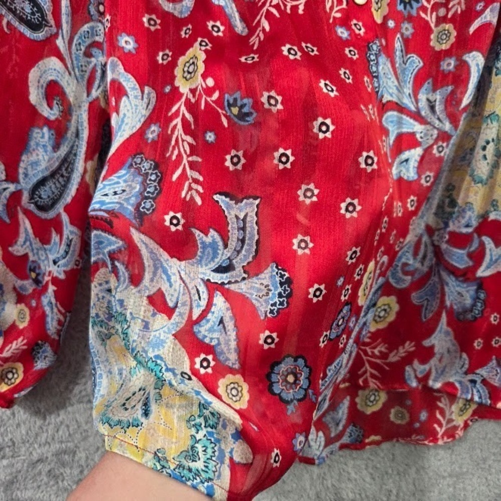 Style & Co Red Floral Paisley Semi-Sheer Popover Blouse Medium Boho Peasant Top - Picture 5 of 10